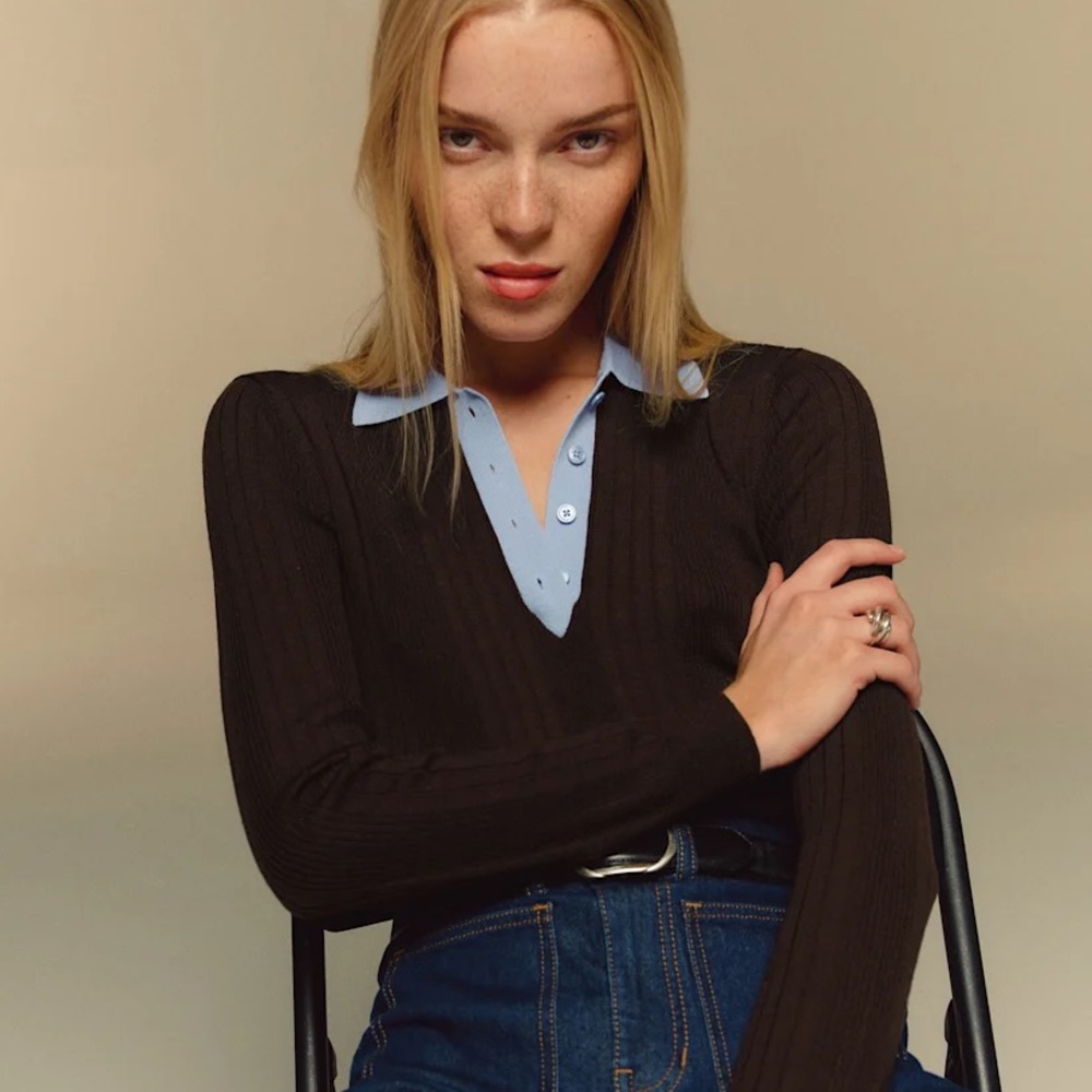 Reformation Hermia Regenerative Merino Polo in Mole Ice Water, size L